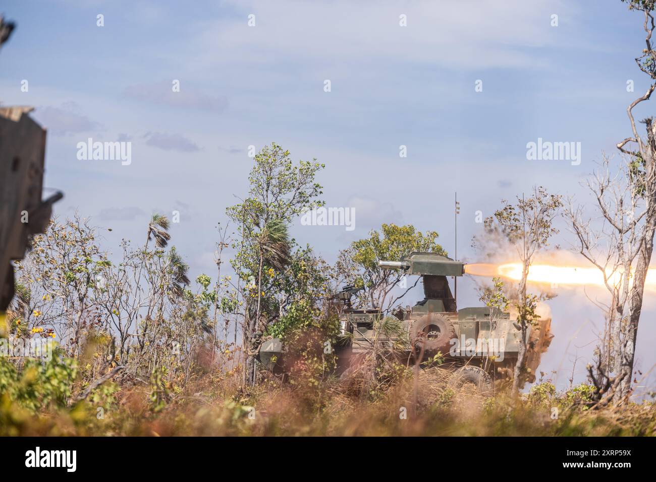 U.S. Marines with Alpha Company, 1st Light Armored Reconnaissance Battalion, 1st Marine Division, fire a BGM-71 TOW missile from an LAV-Anti Tank Light Armored Vehicle as part of a combined arms live-fire exercise during Exercise Predator’s Run 24 at Mount Bundey Training Area, NT, Australia, Aug. 5, 2024. During Rapid Deployment Exercise, 1st LAR rapidly deployed from Marine Corps Base Camp Pendleton, California, U.S., to Australia by strategic lift and rail to participate in the 1st Brigade, Australian Army led, Exercise Predator’s Run 24. Exercise Predator’s run 24 provides Marine Rotationa Stock Photo