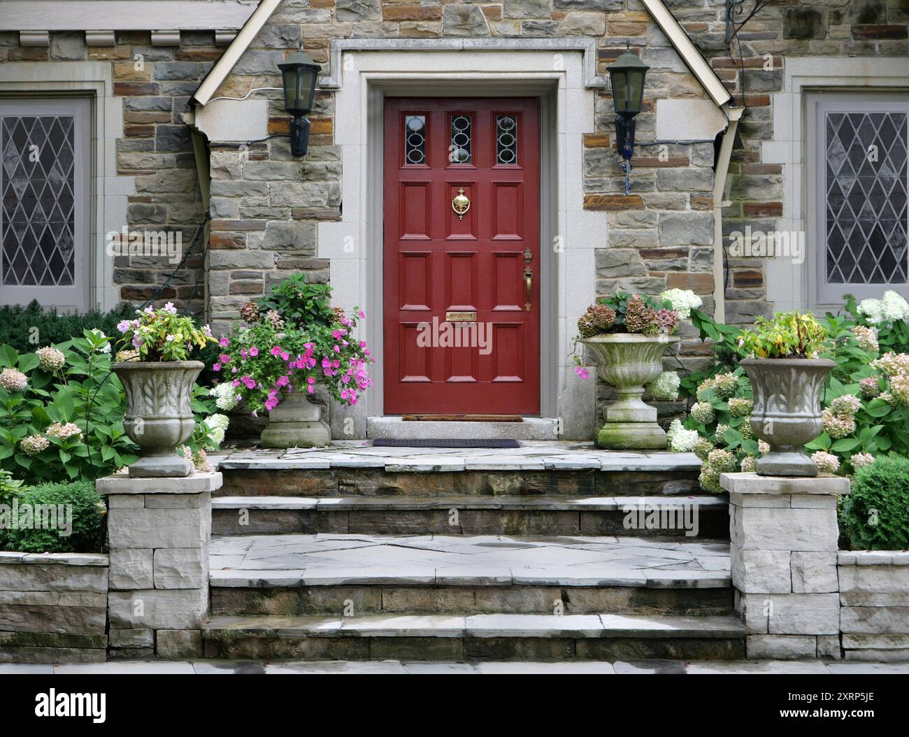 Entrance to old stone house with flower pots and hydrangea bushes Stock ...