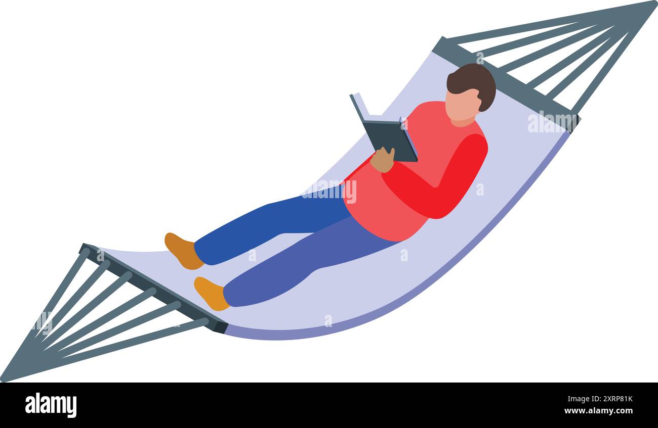 Young man is lying in a hammock and reading a book, enjoying a peaceful moment of leisure Stock Vector