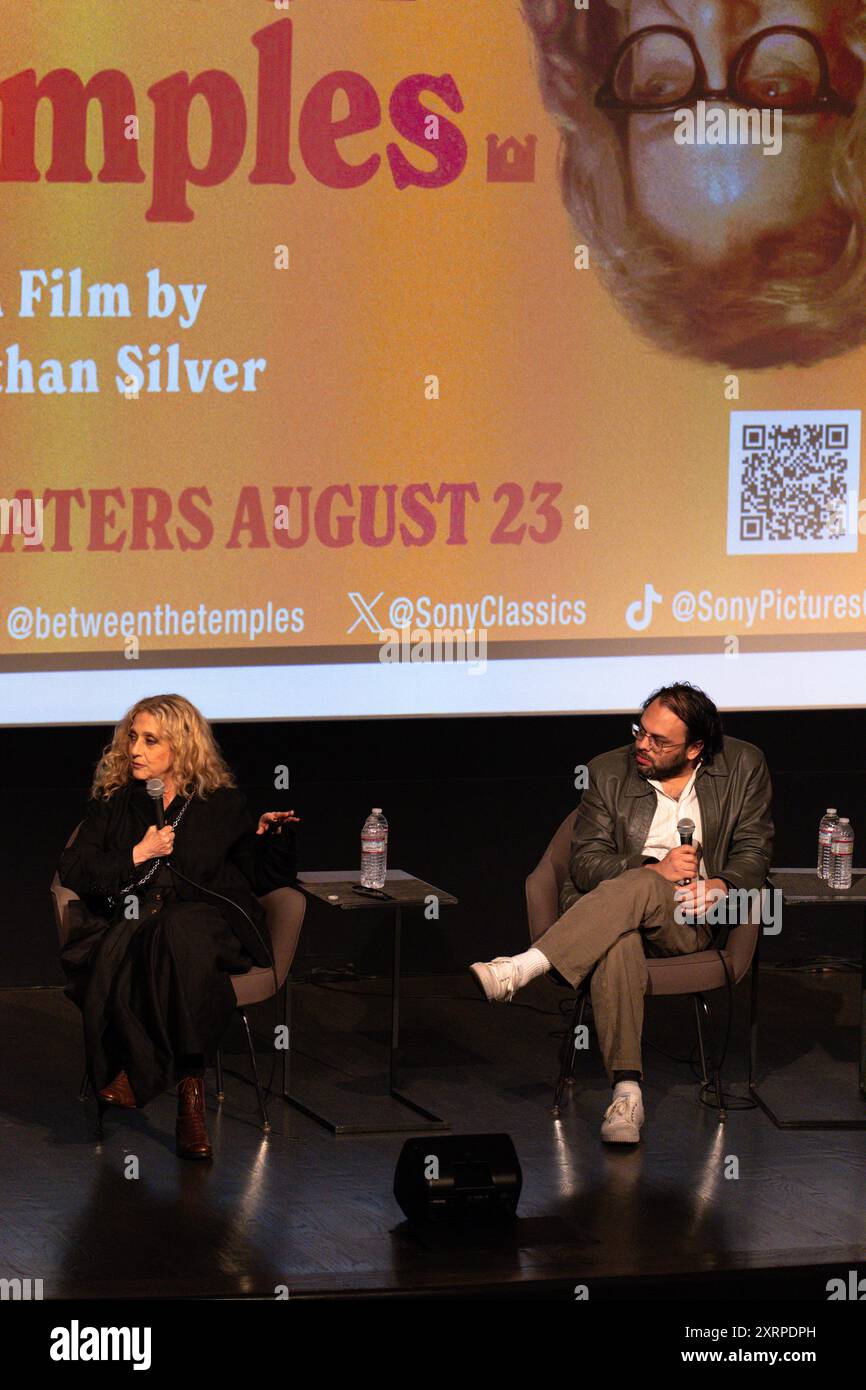 Los Angeles, USA. 11th Aug, 2024. Hilary Helstein (ED, LA Jewish Film Fest, Actress - Carol Kane, Direcctor - Nathan Silver on stage at the Museum of Tolerance after the screening of the film, 'Between the Temples.' Credit: Todd Felderstein/Alamy Live News Stock Photo