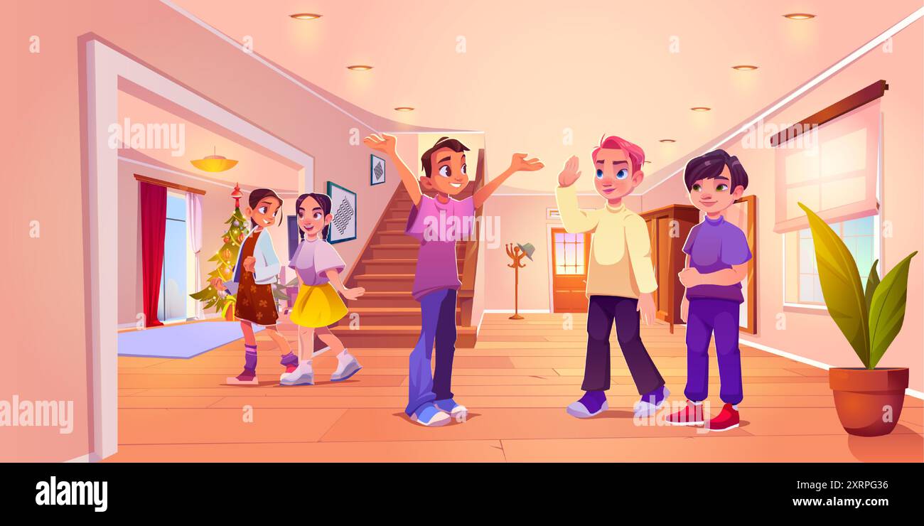 Teen friends meet in home hall interior. Happy smiling teenage kids inside house. Cartoon vector illustration of children spend time together with conversation and fun. Boys and girls at apartment. Stock Vector