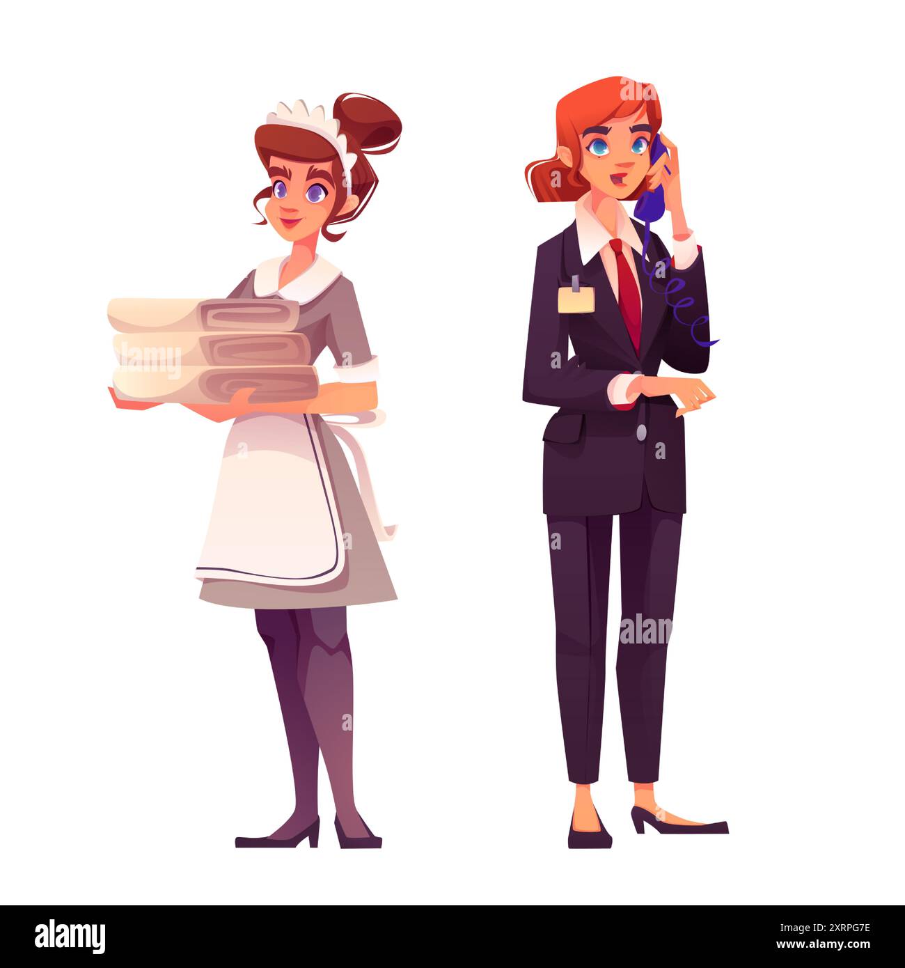 Hotel staff set isolated on white background. Vector cartoon illustration of female maid and receptionist at work, housekeeper in uniform dress with clean bedsheets, manager in suit calling phone Stock Vector