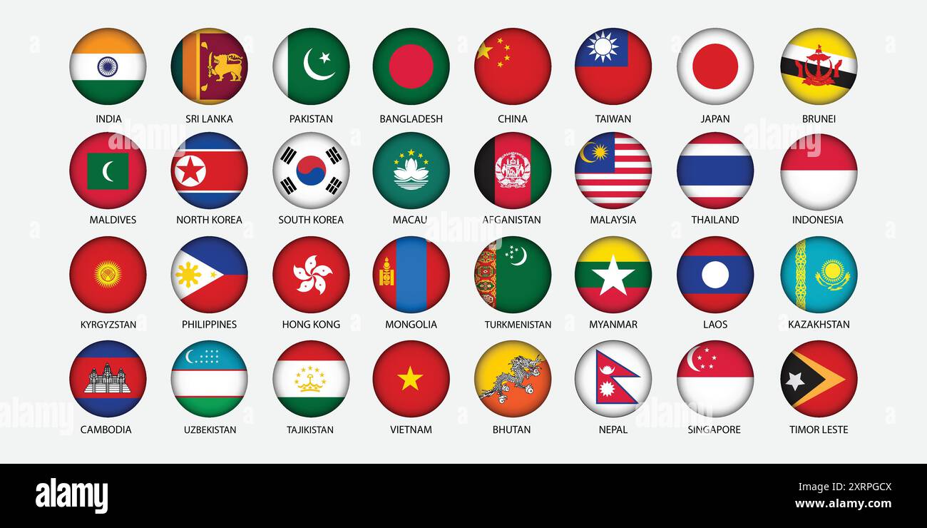 Round Icons of All Asian Country Flags Stock Vector