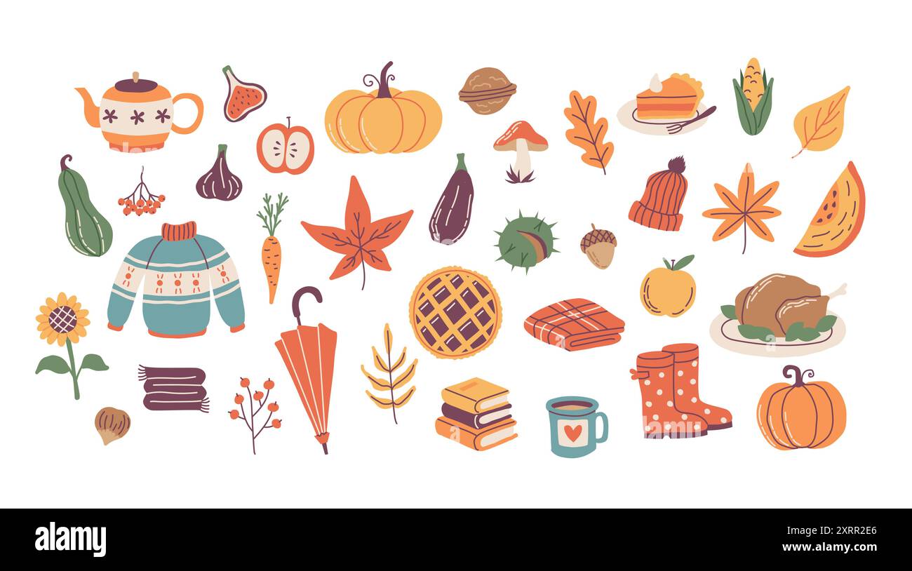 Autumn elements set, cute hand drawn seasonal objects. Vector ...