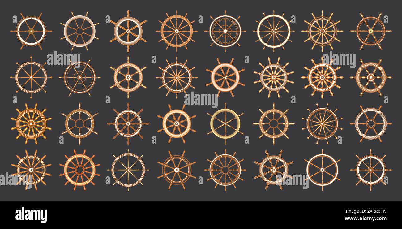 Wooden vintage steering wheels. Ship, sailboat or yacht retro wheel ...