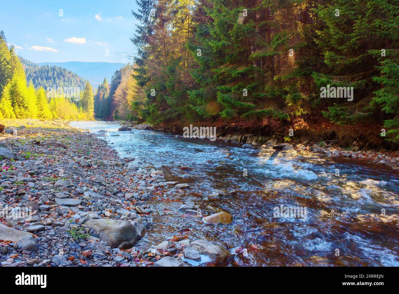 mountainous countryside scenery in the valley with shallow river. carpathinan nature landscape in fall season. rocky shore. bright sunny weather in au Stock Photo
