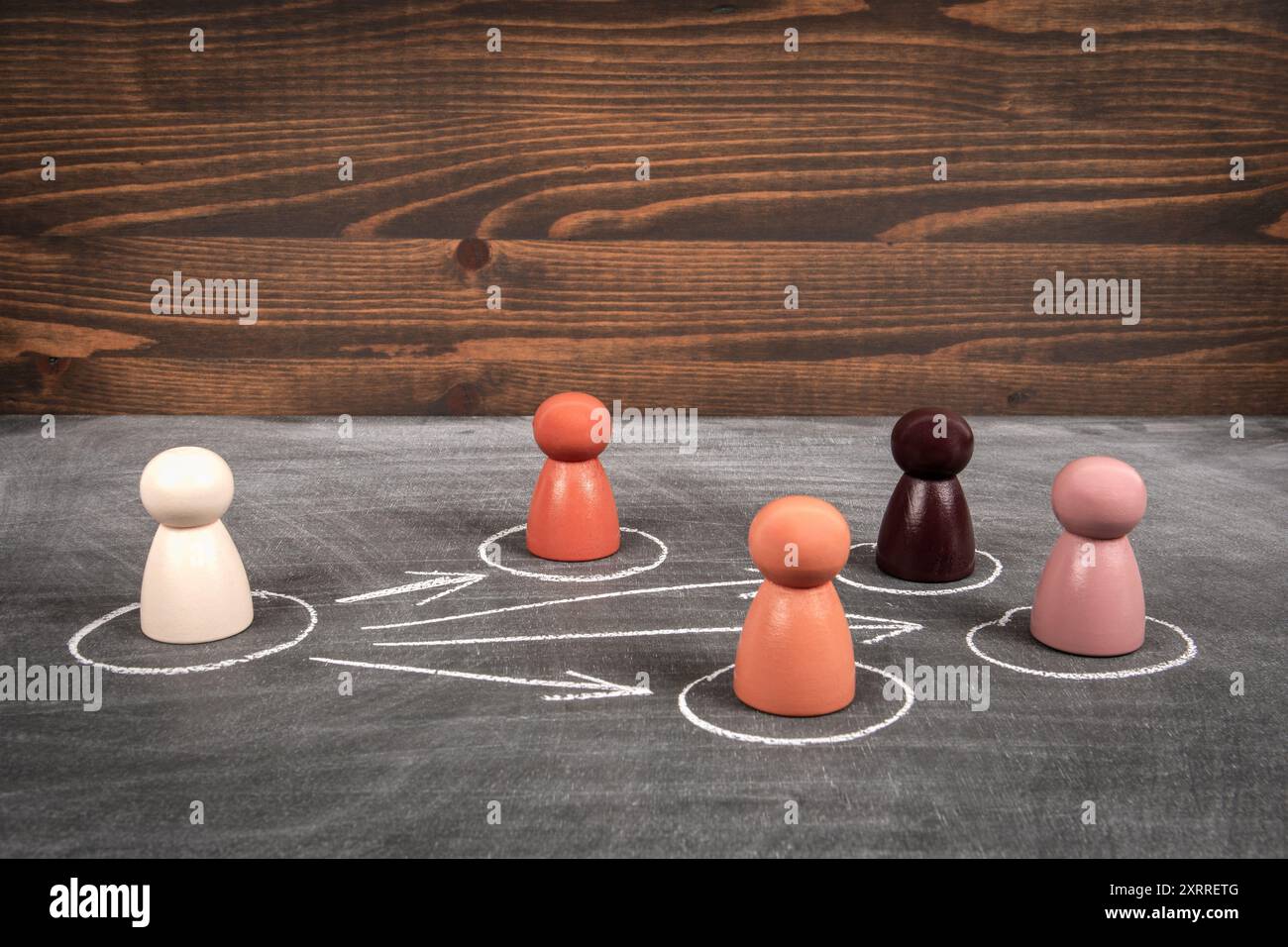 Job assignment and management. Wooden human figures on a chalkboard background. Stock Photo