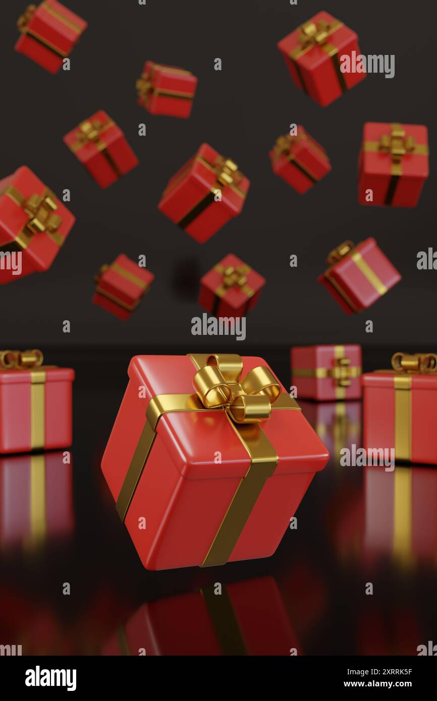 Red gift boxes isolated on black background. 3d illustration. Stock Photo