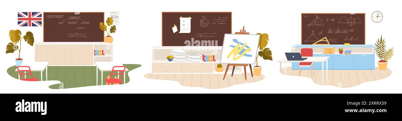 English language, mathematics and art classroom at school set Stock ...