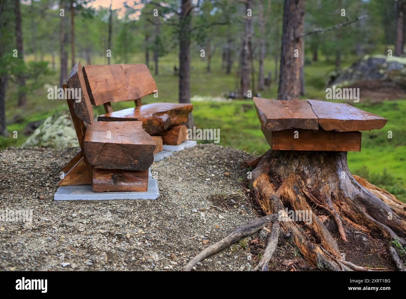 Wooden board standing on the roofs and wooden benches as an art installation in country side style. Outdoors  furniture. Stock Photo