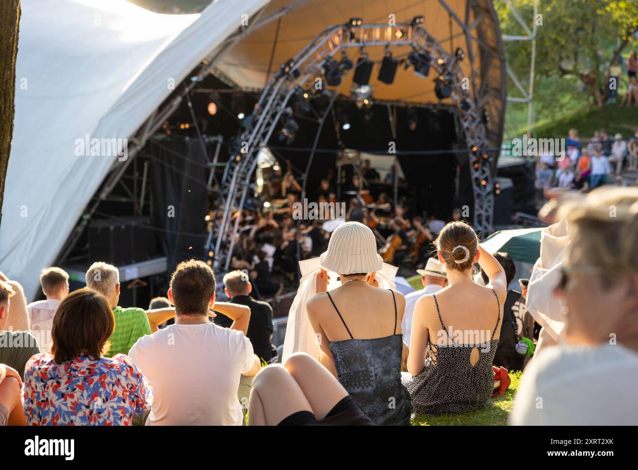 August 11, 2024 - Munich, GERMANY: Bands playing for free in 'Music Summer' in the amphitheater Theatron venue, here the Orchestra 'Sinfonietta'. Audi Stock Photo