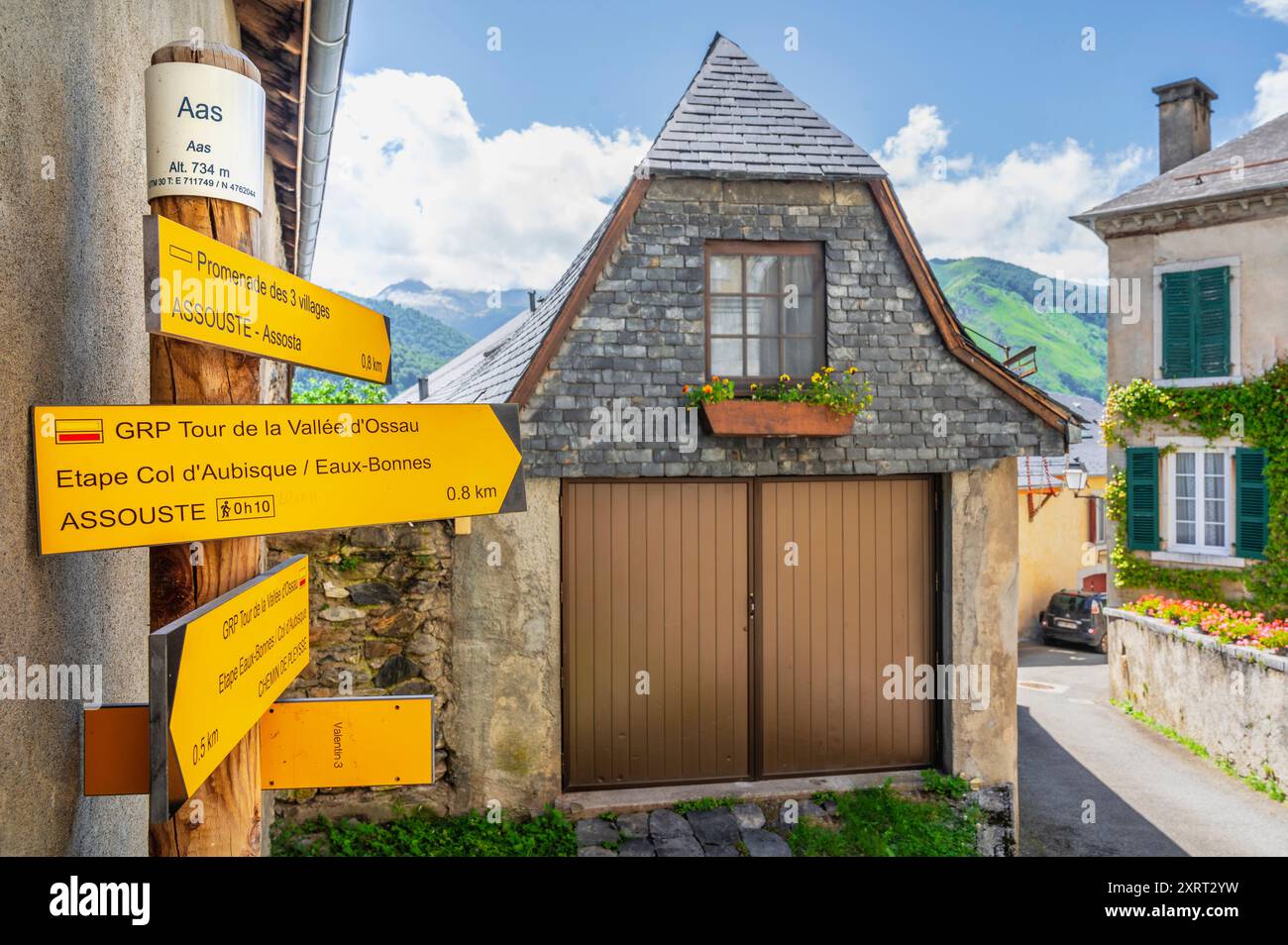 The small Pyrenees village Aas in the Ossau valley of the Béarn is an excellent hiking spot. Stock Photo