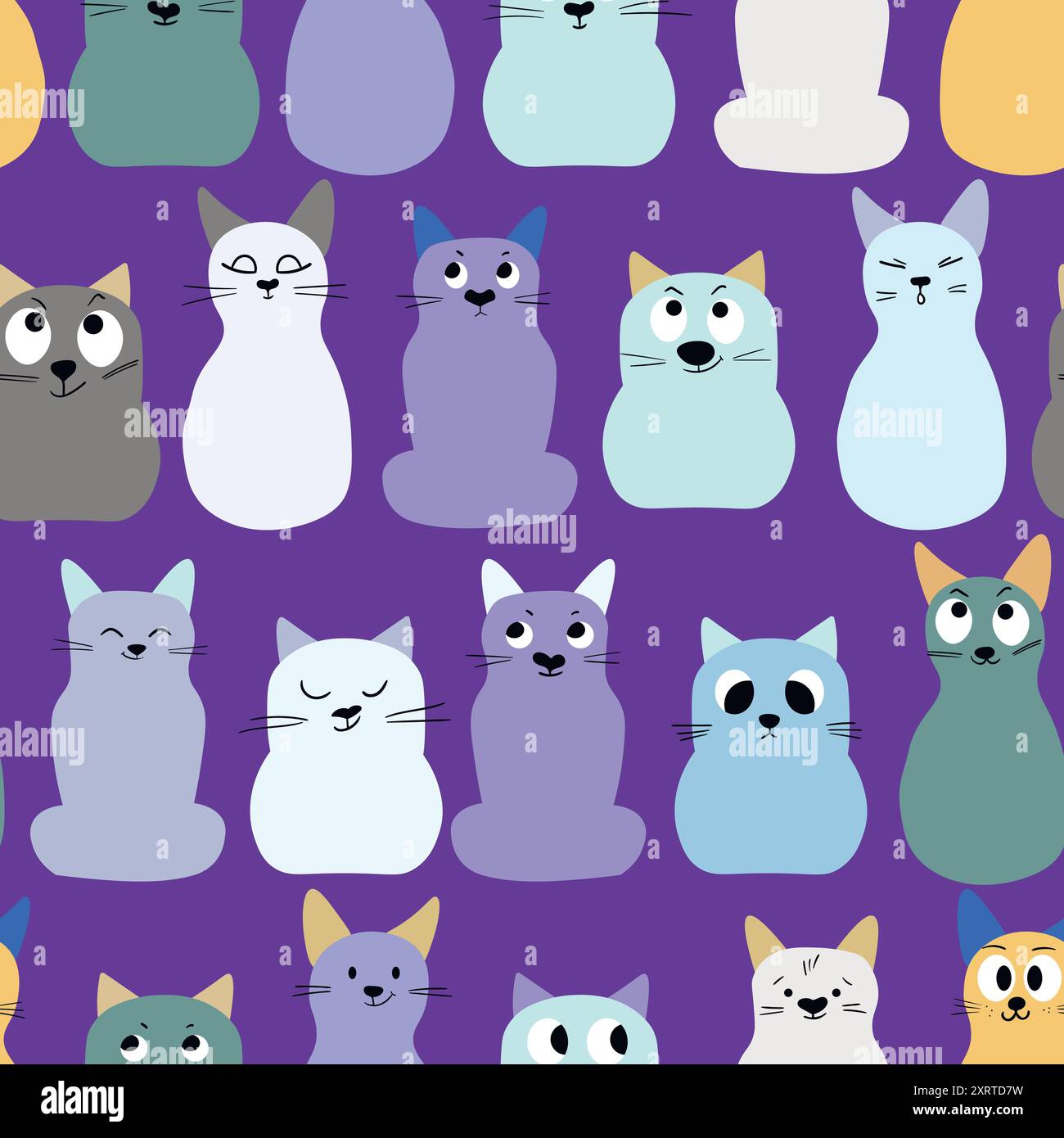 Seamless pattern with cute kitten print. Different scandy cats on color ...