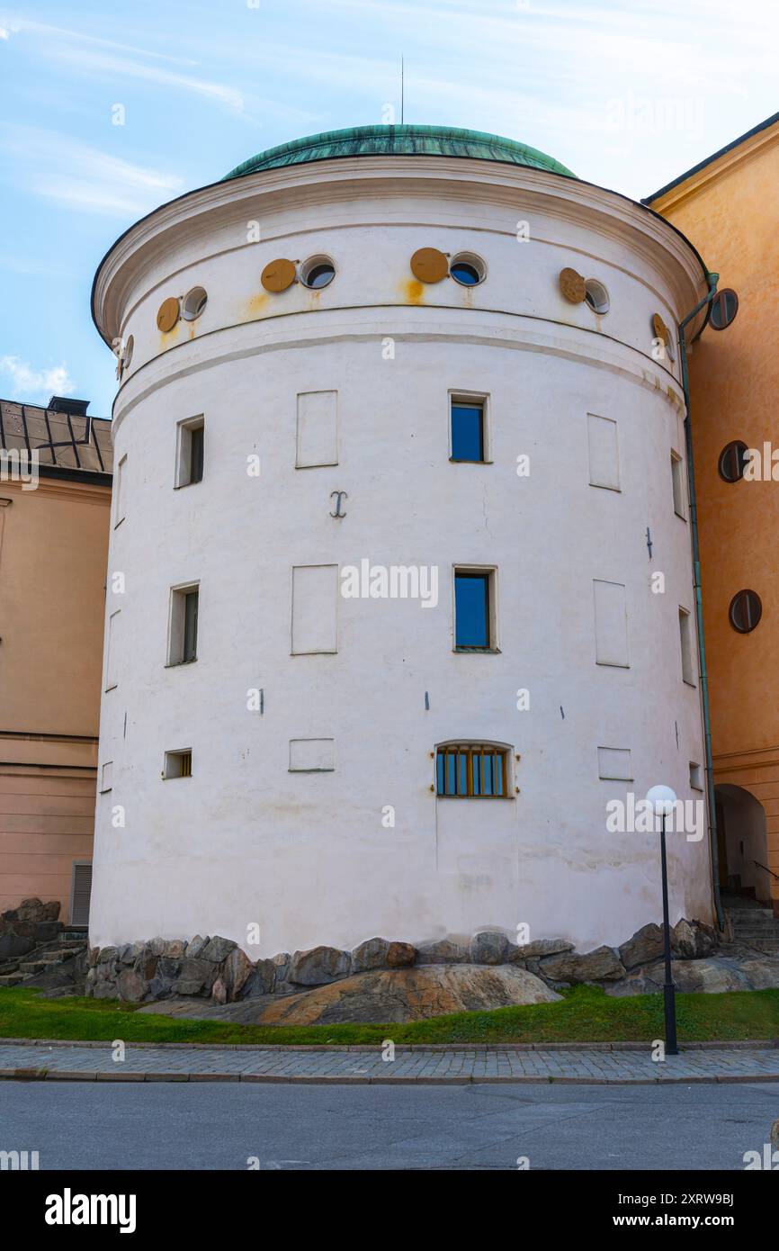 Birger Jarls torn is a defensive tower on the northwest corner of Riddarholmen, an islet in Old Town (Gamla Stan), of Stockholm, Sweden. Stock Photo