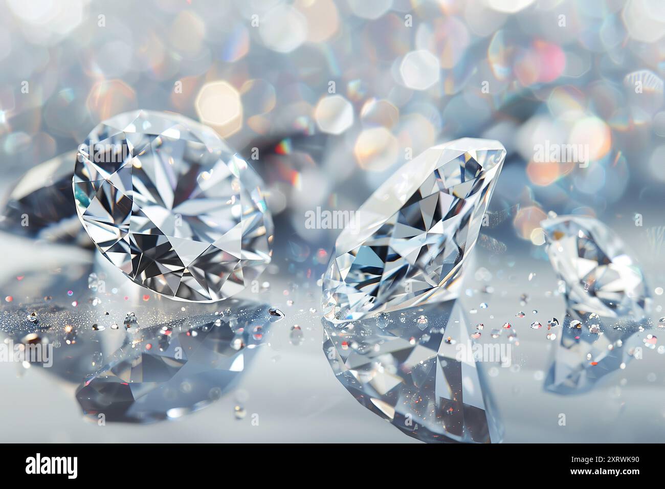 Radiant cut diamonds sparkling with brilliant light refractions, meticulously arranged to showcase their brilliant sparkle and intricate reflections Stock Photo