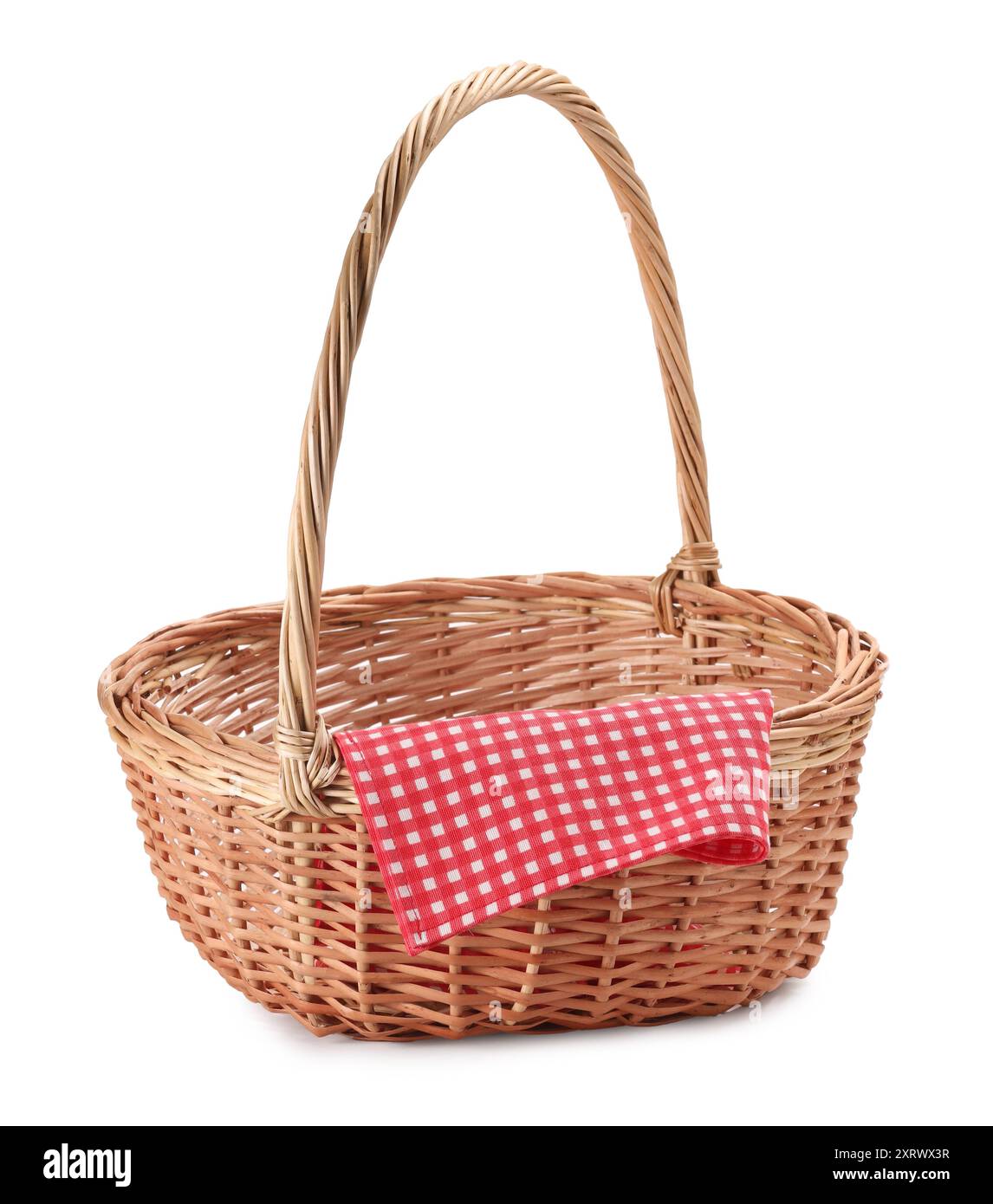 One picnic wicker basket with checkered napkin isolated on white Stock ...