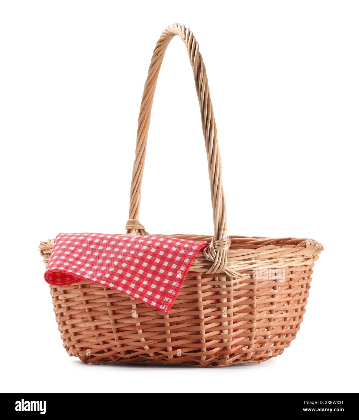 One picnic wicker basket with checkered napkin isolated on white Stock ...