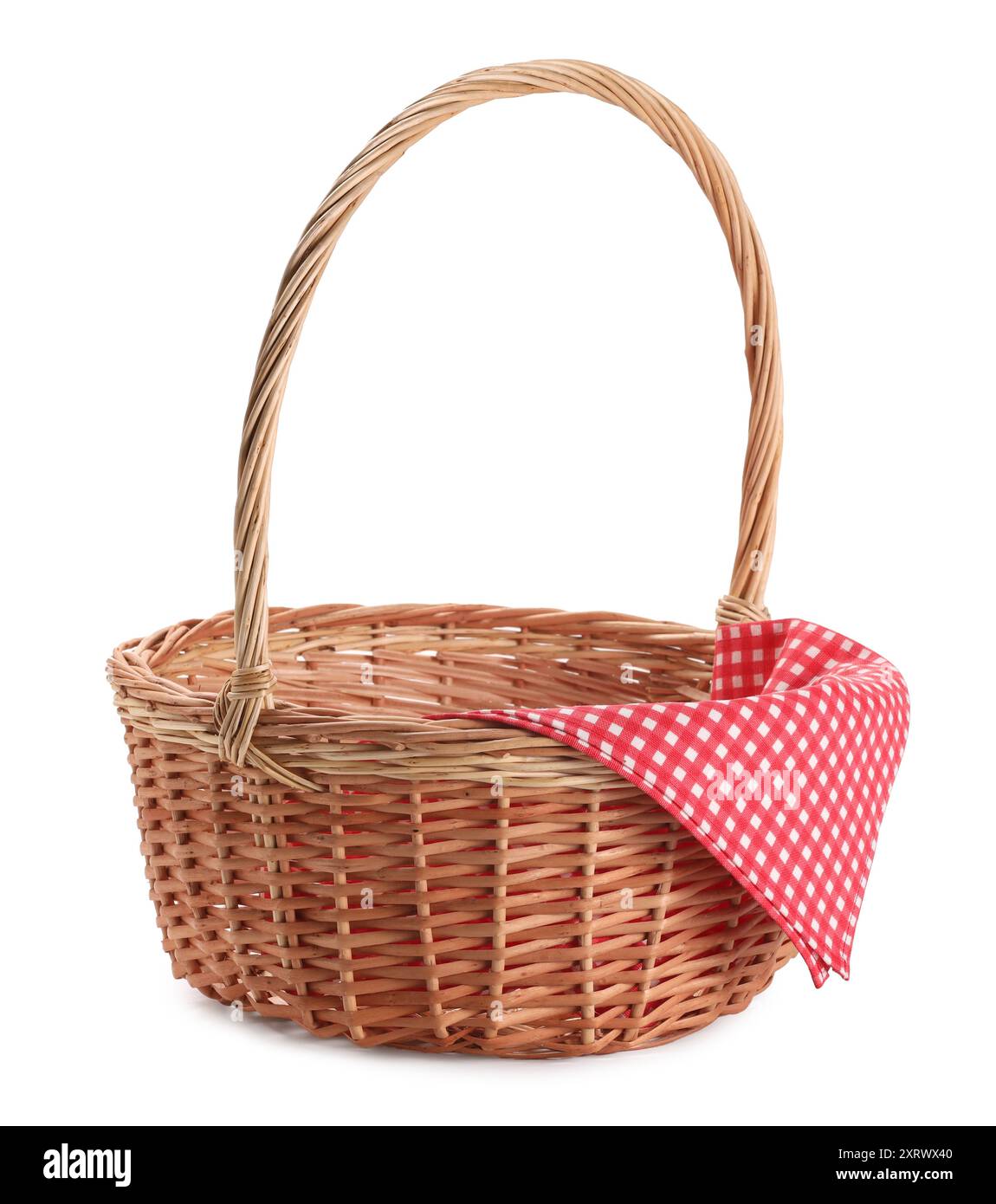 One picnic wicker basket with checkered napkin isolated on white Stock ...