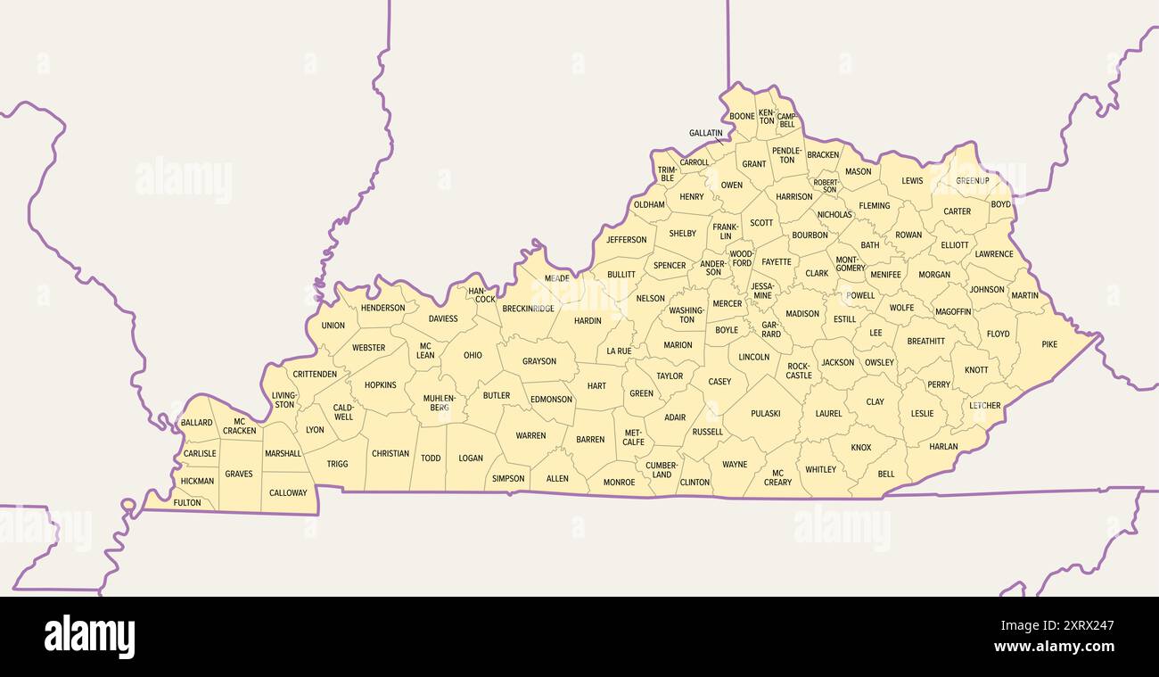Kentucky, U.S. state subdivided into 120 counties, political map with borders and county names
