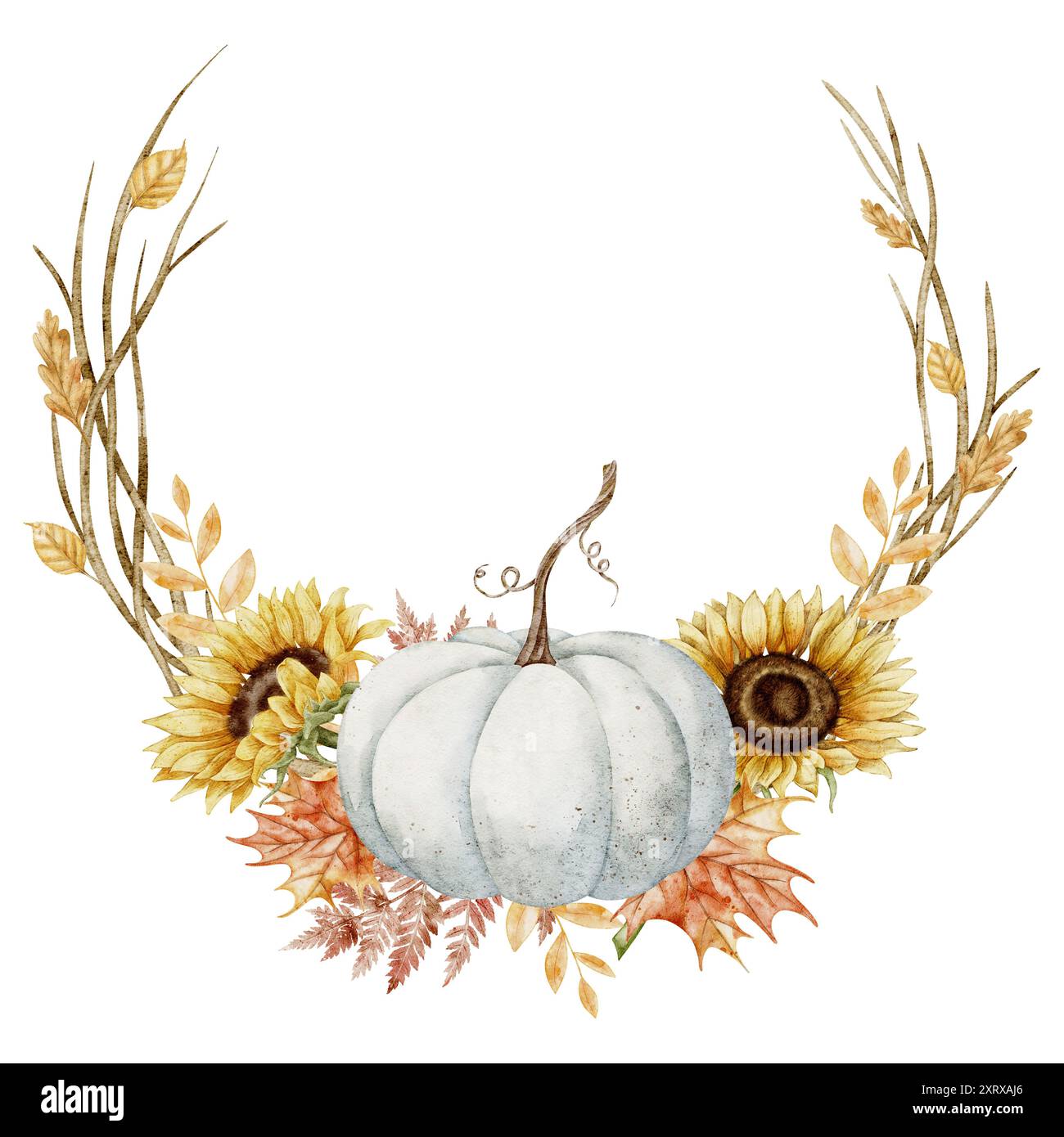 Autumn wreath with pumpkin, sunflowers and fall leaves. Watercolor ...