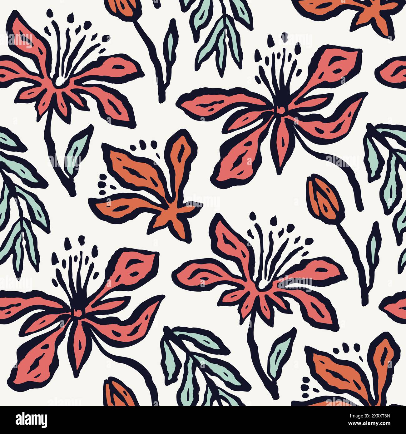 Inky brush strokes floral seamless pattern Stock Vector