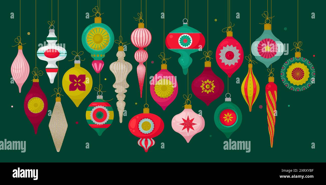 Vintage Christmas Balls big collection with glittering. Vector ...