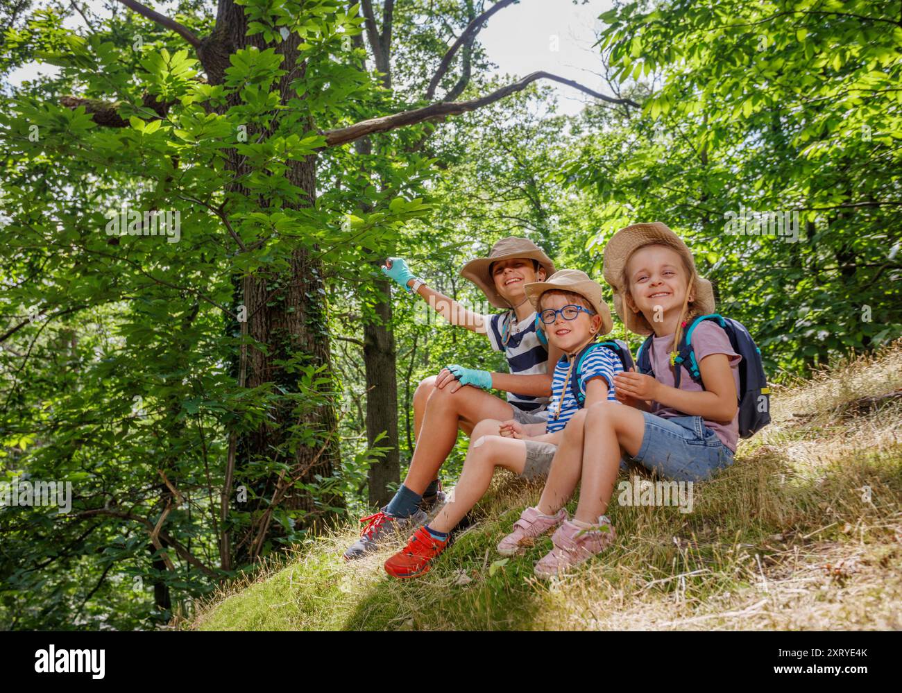 Exploring Stock Images Kids exploring the forest, sitting and pointing, wearing hats Stock ...