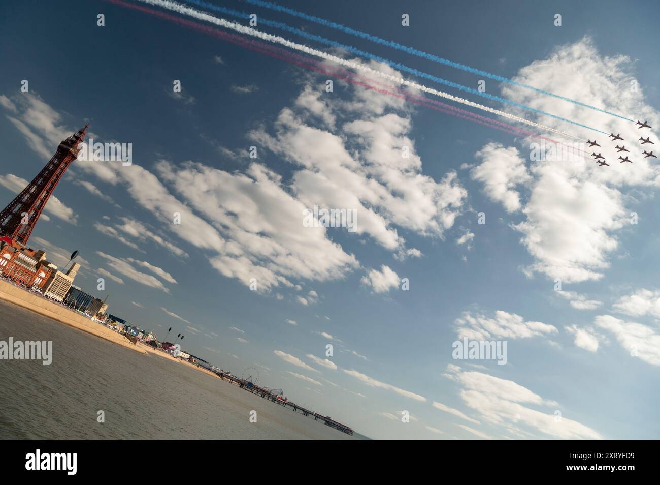 The RAF Red Arrows at Blackpool Air Show, flying over Blackpool Tower ...