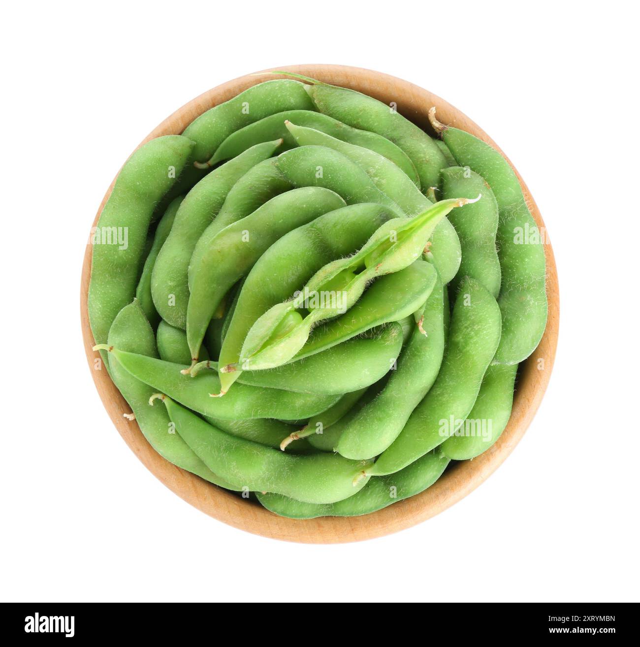 Raw green edamame pods in bowl isolated on white, top view Stock Photo ...
