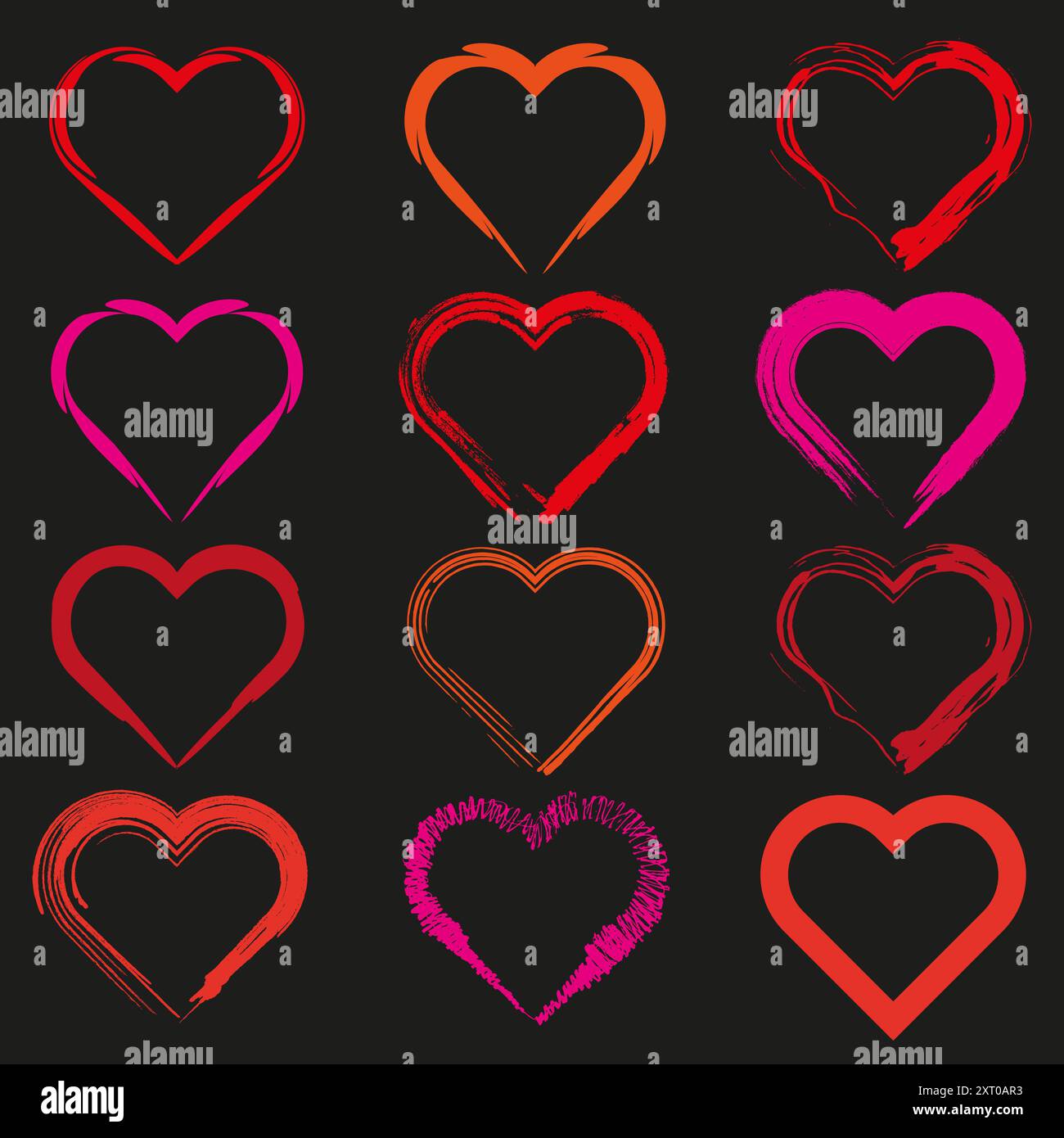 Heart shapes collection. Vibrant colors. Brushstroke design. Black ...