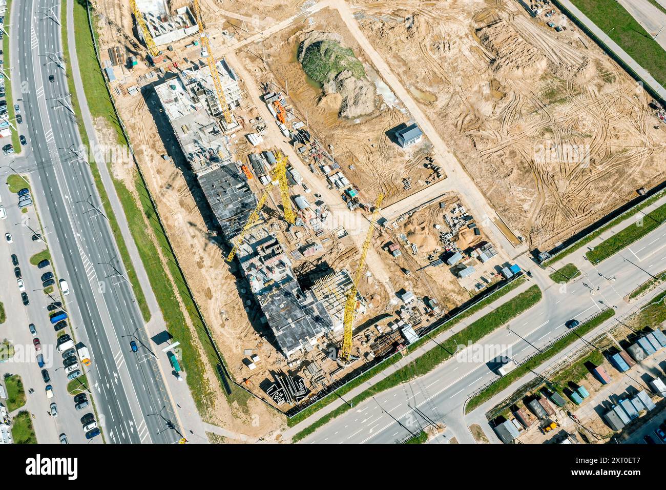 aerial view of big urban construction site. new apartment buildings ...