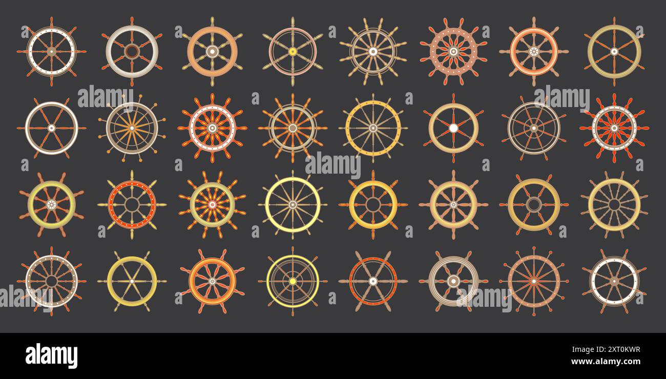 Wooden vintage steering wheels. Ship, sailboat or yacht retro wheel ...
