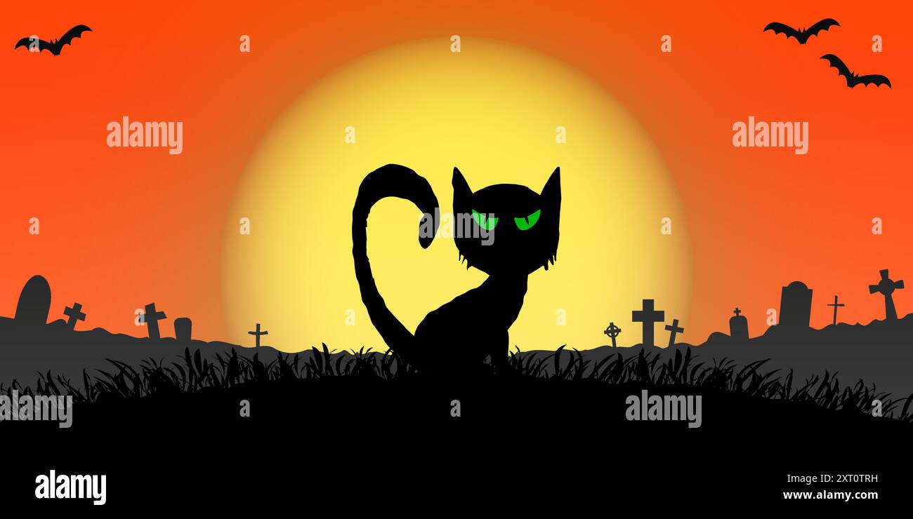spooky cat in front of a full moon with grave stones and other scary illustrated elements for Halloween background layouts Stock Vector