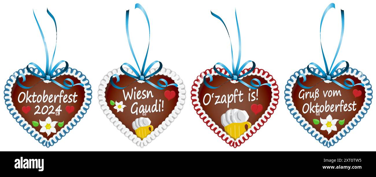 four illustrated gingerbread hearts with blue ribbon bow and text in ...