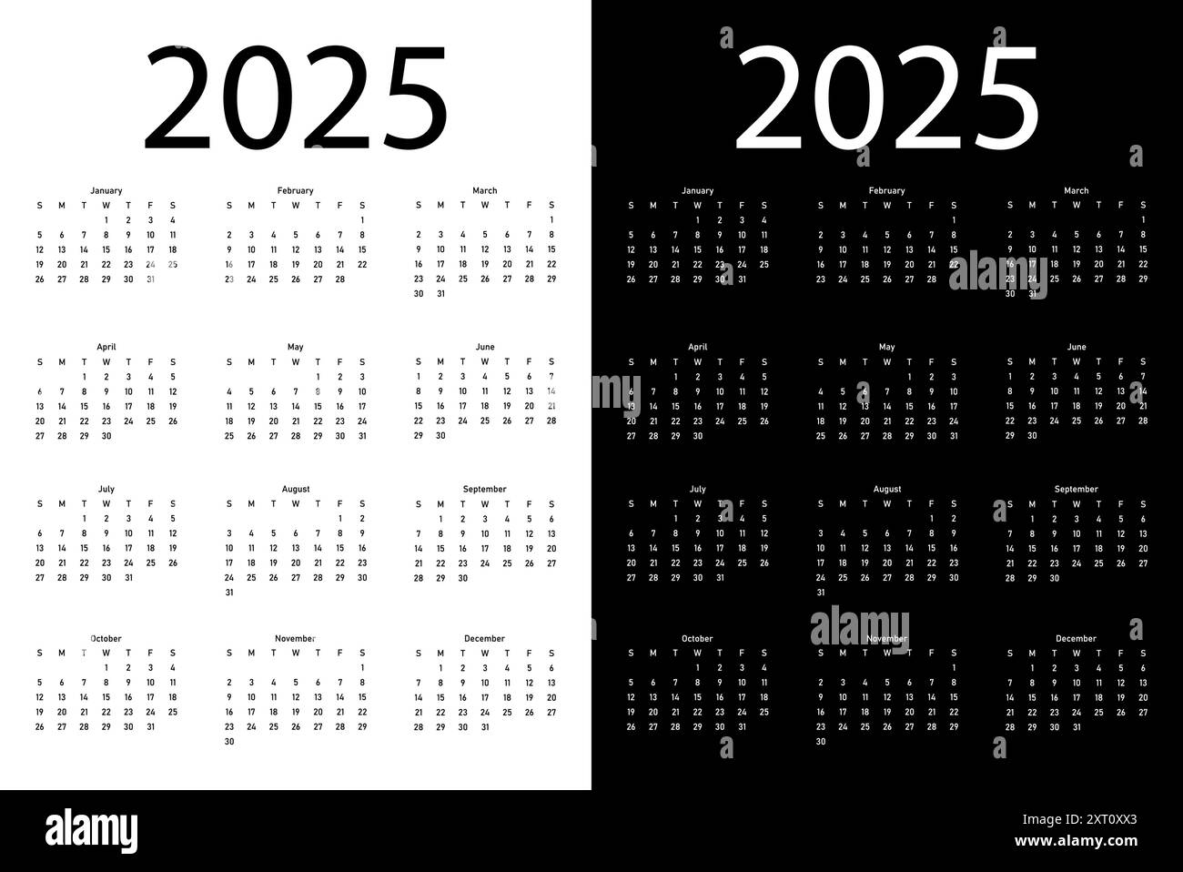 Calendar 2025 on white and black version. Business design planner template Stock Vector Image