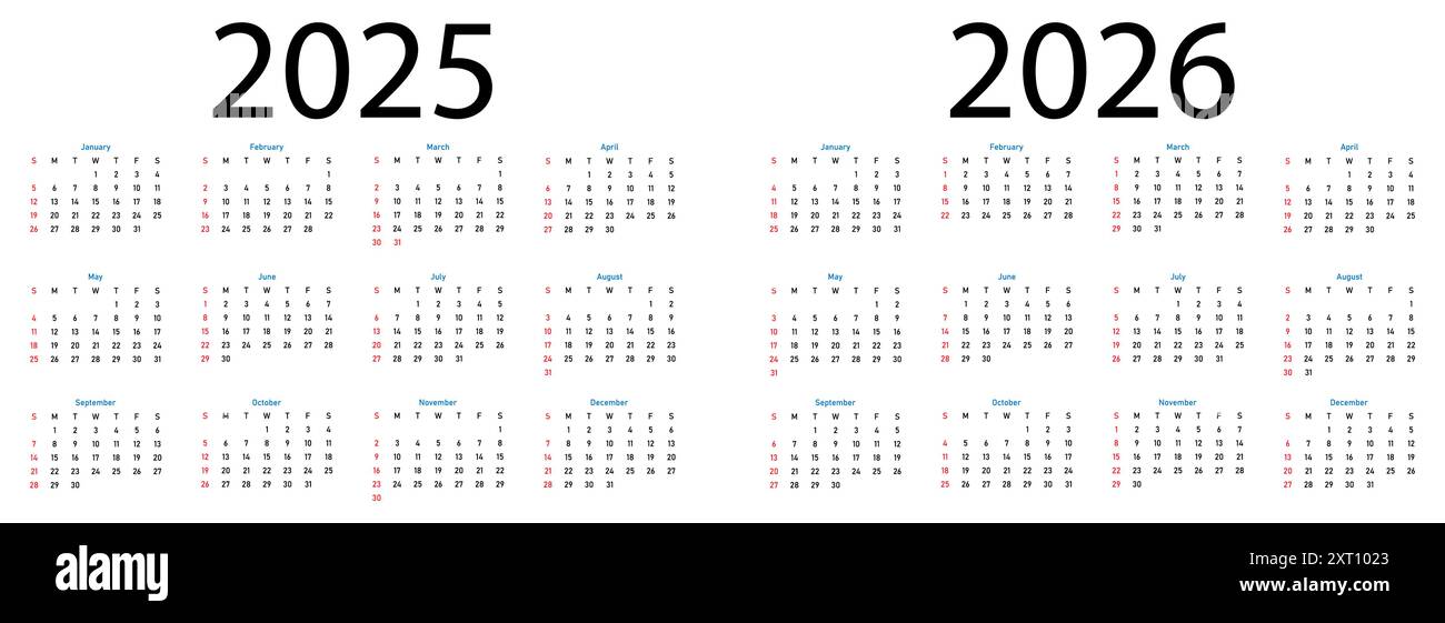 Monthly calendar template for 2025 and 2026 years. Week Start on Sunday