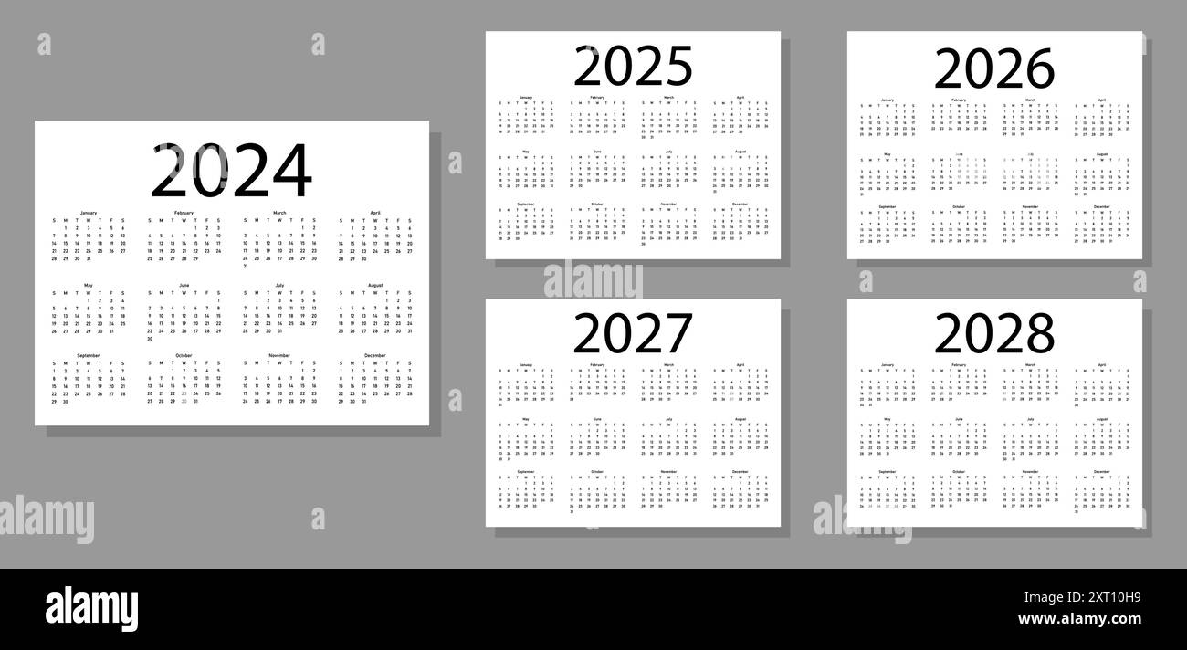 2024, 2025, 2026, 2027, 2028 years calendar. Calender layout. Week