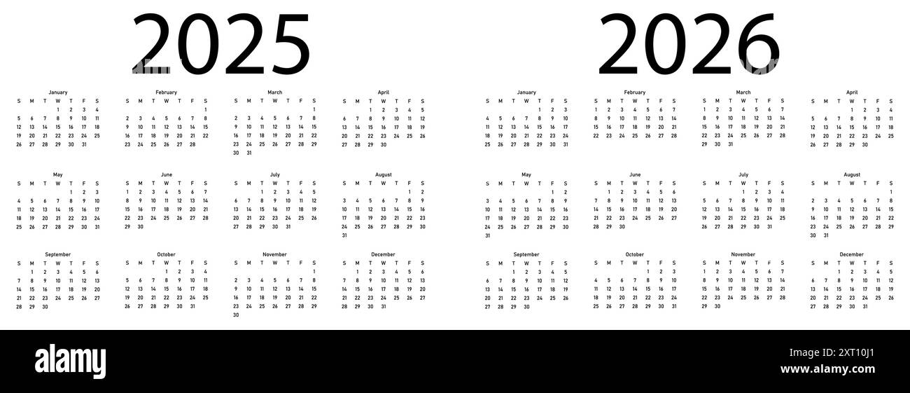 Monthly calendar template for 2025 and 2026 years. Week Start on Sunday