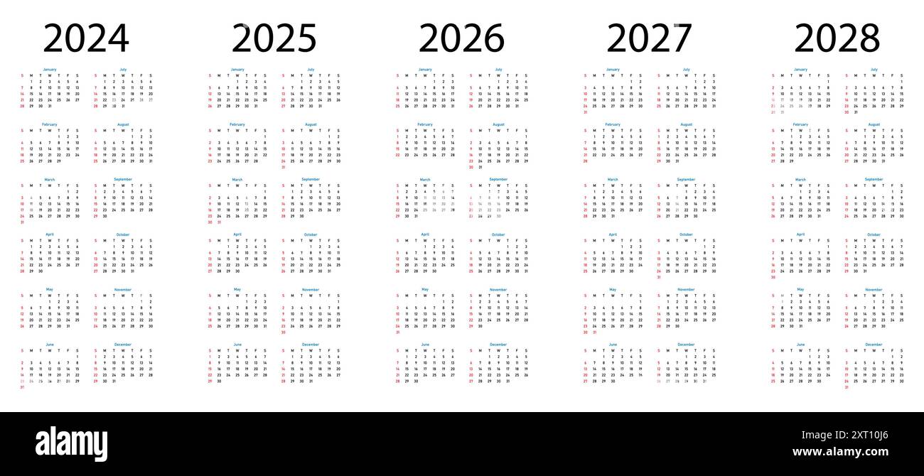 Calendar 2024, 2025, 2026, 2027, 2028. Simple vertical calendar design template Stock Vector