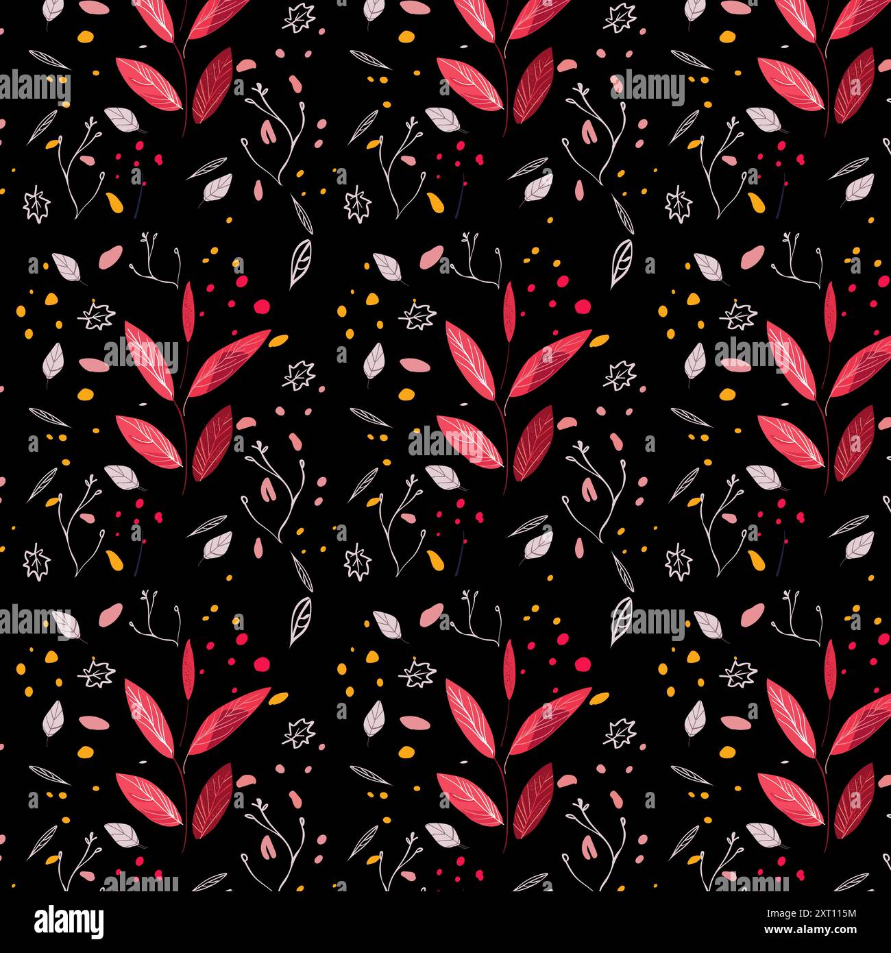 Autumn seamless pattern on a black background with red leaves and ...