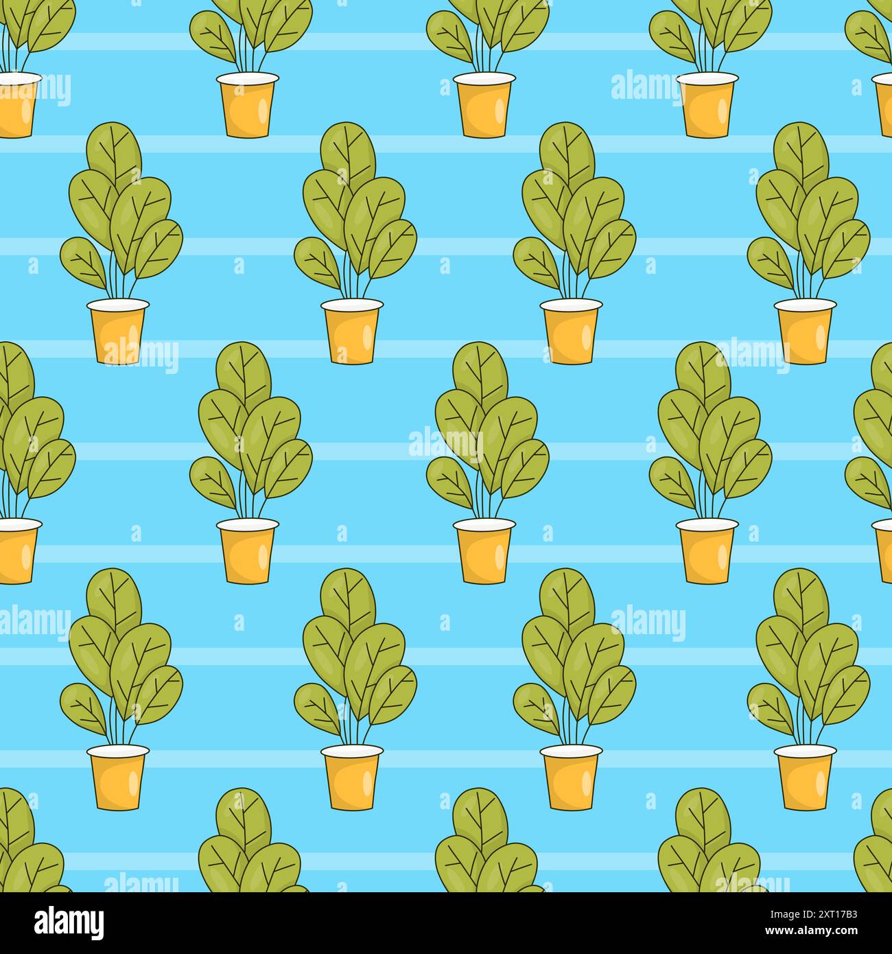 Seamless pattern with indoor plants in flowerpots on blue striped ...