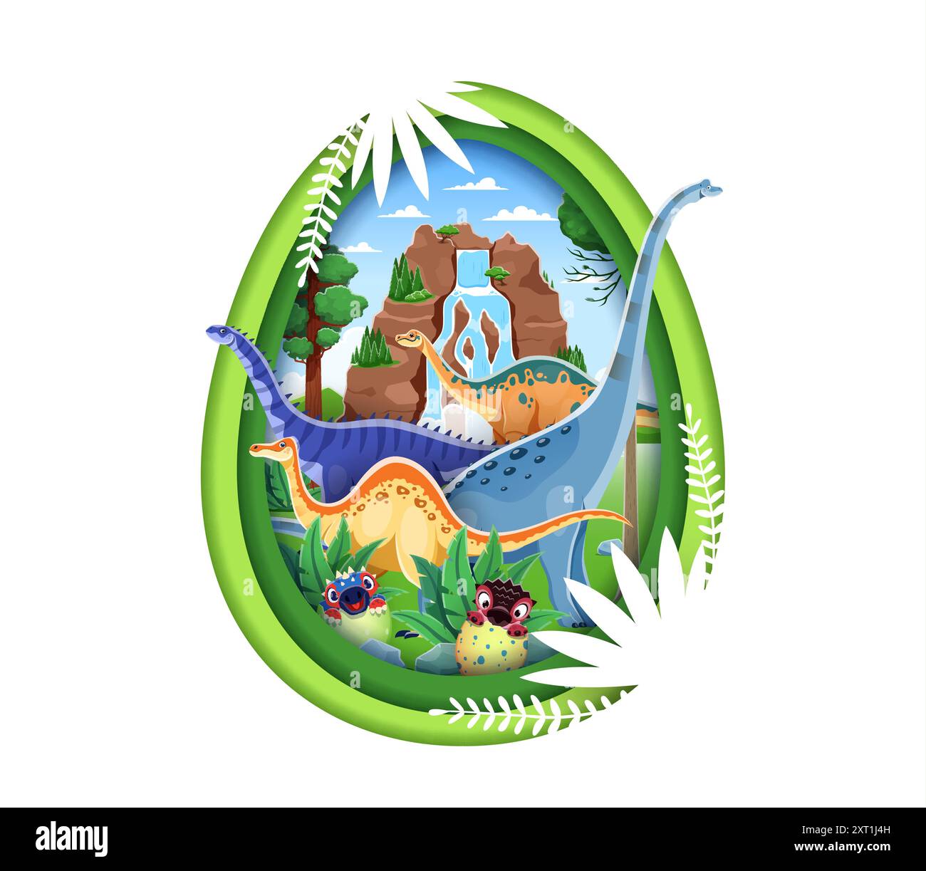 Paper cut dino egg with funny dinosaurs or Jurassic lizards in jungles ...