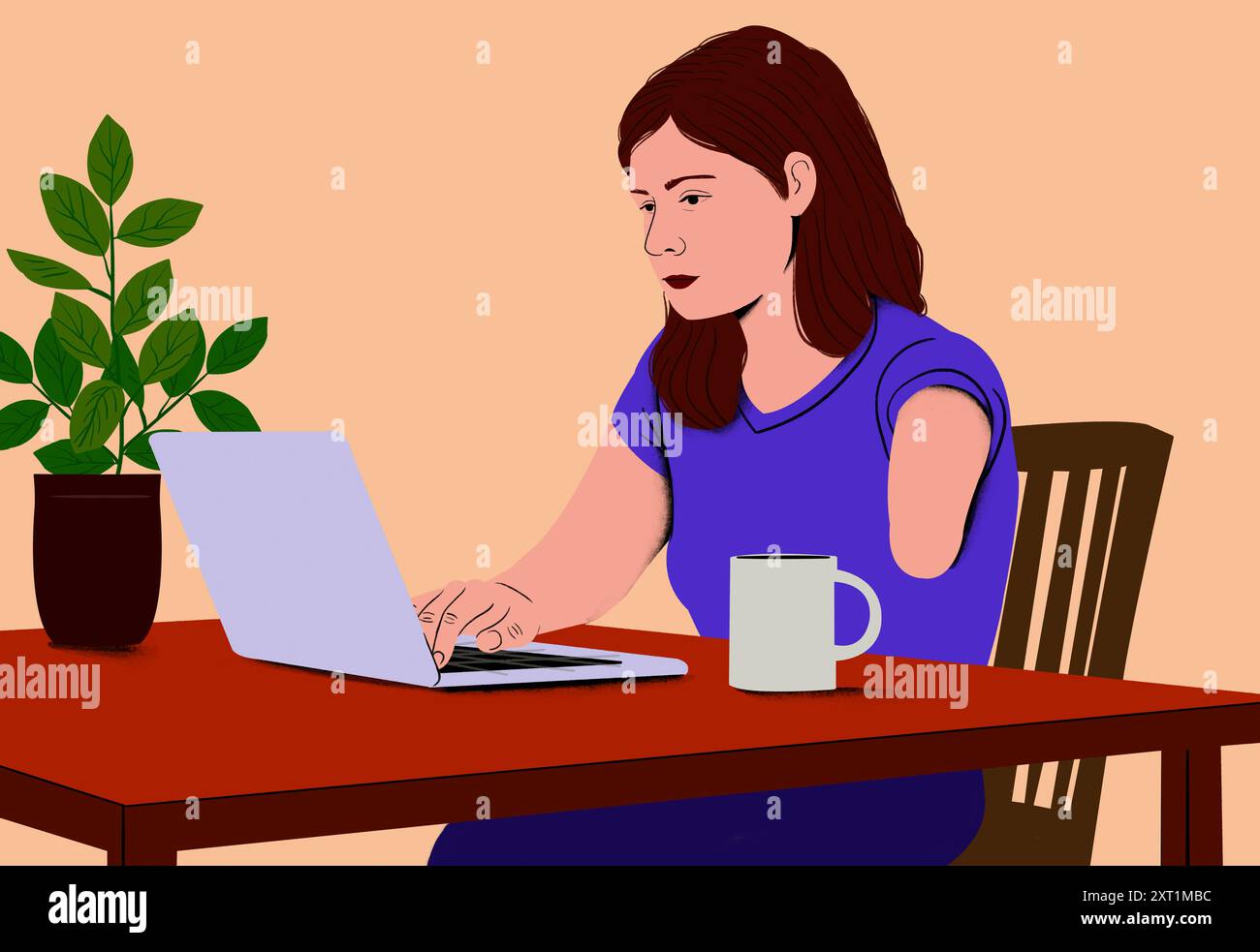 Amputee woman using a laptop at home, focused and determined. Laptop, woman, amputee, working, home. Woman with disability in a purple shirt working o Stock Photo