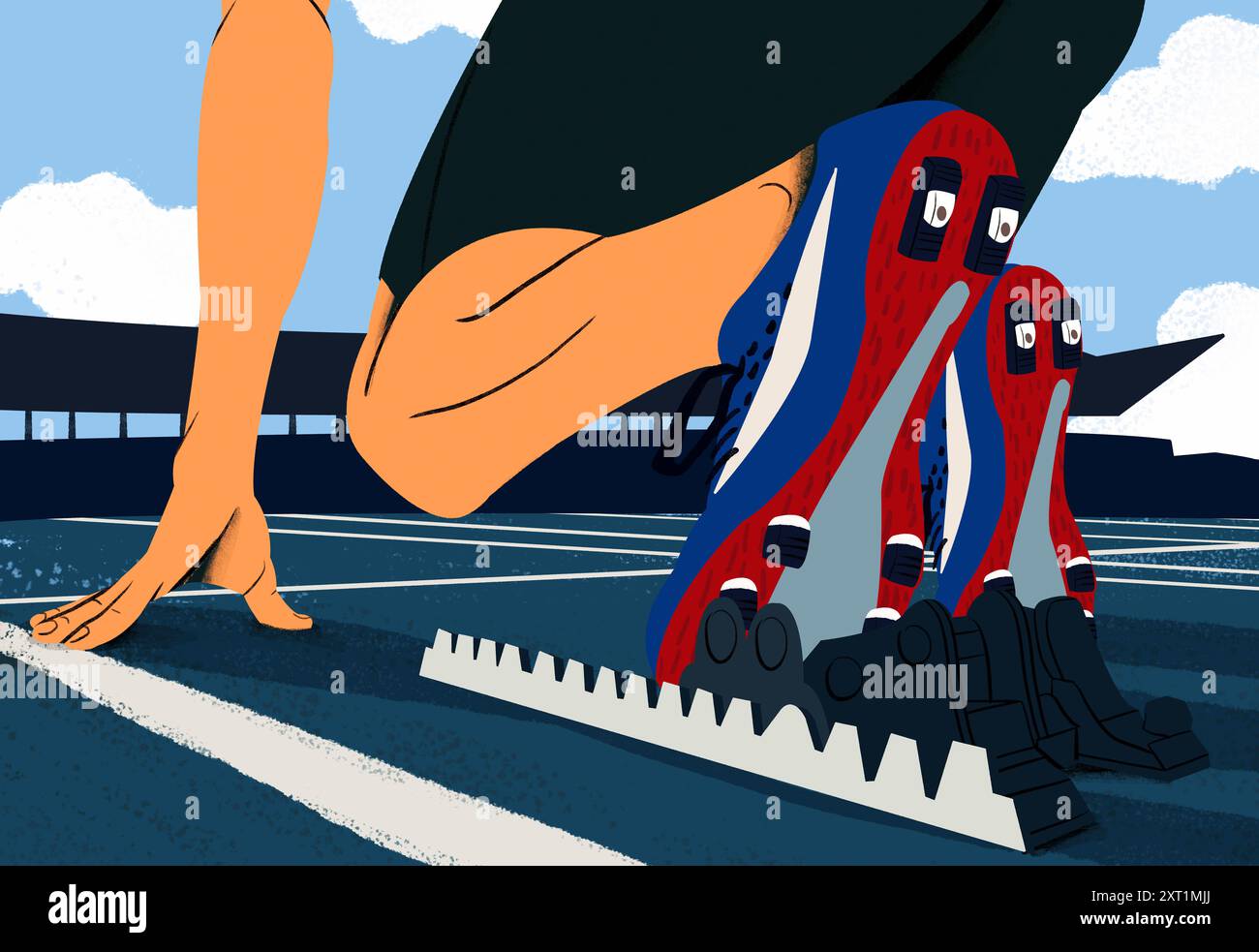 Runner at the starting blocks, ready to sprint. Track, athletics, race, sprinting, start. An animated runner prepares at the starting line with focus Stock Photo