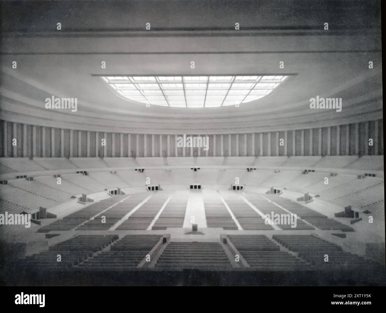 The model shows the interior of the Congress Hall in Nuremberg, highlighting the vast scale of the structure designed by the Nazi regime. Intended to host large-scale events, the hall was a key part of their propaganda efforts, symbolizing the power and unity they sought to project. Stock Photo