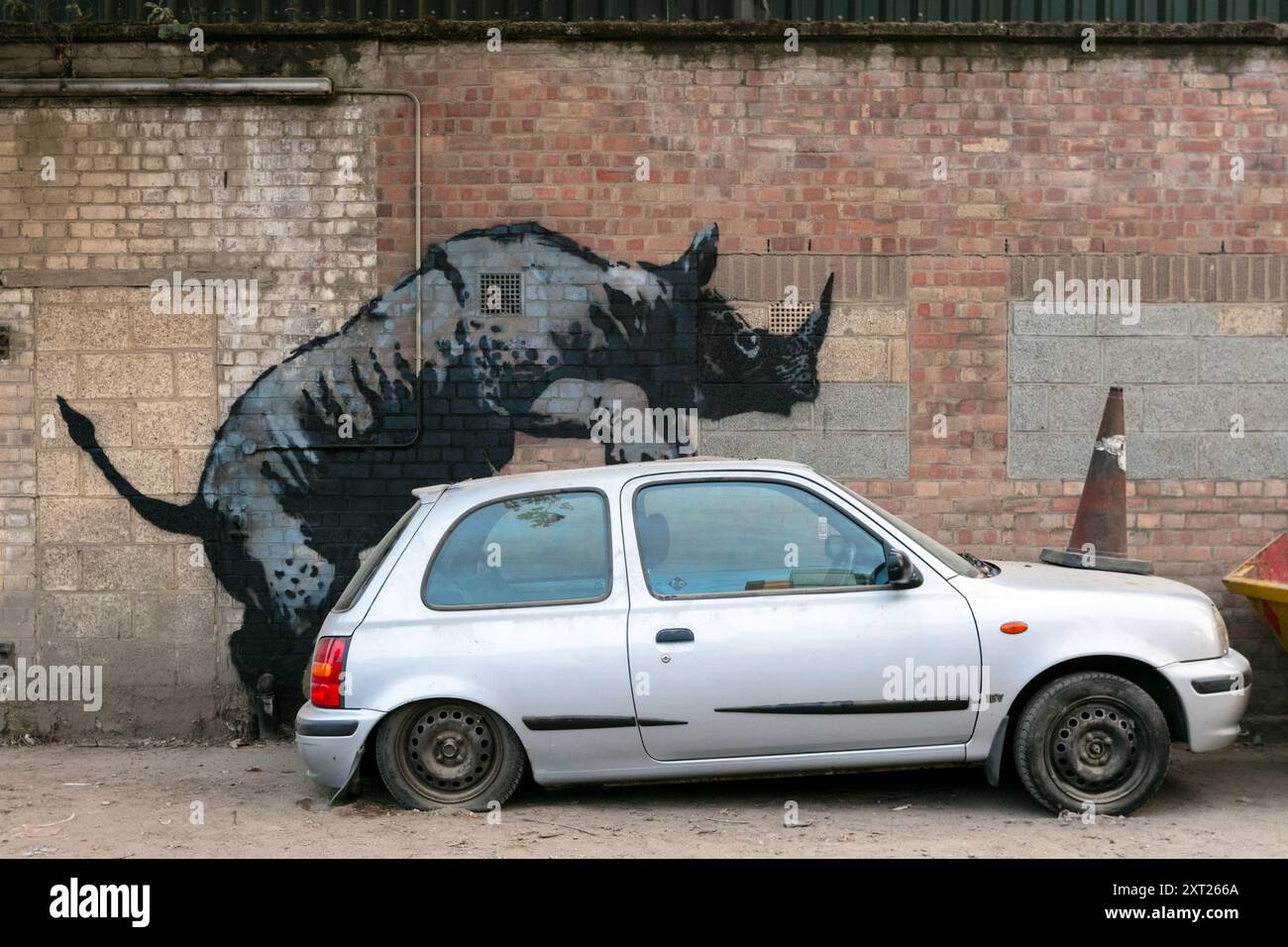 New Banksy artwork, depicting a Rhino appears in Charlton, South East London 12 August 2024. The Artist has confirmed the work is his. Stock Photo