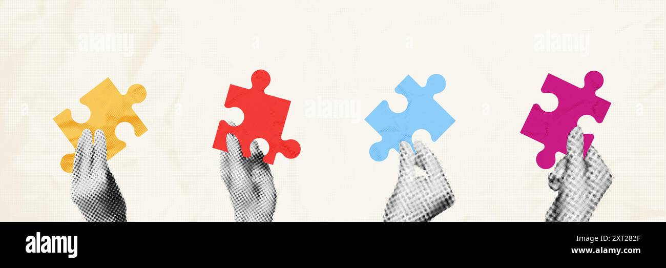 Halftone hands making puzzle together collage vector illustration Stock Vector