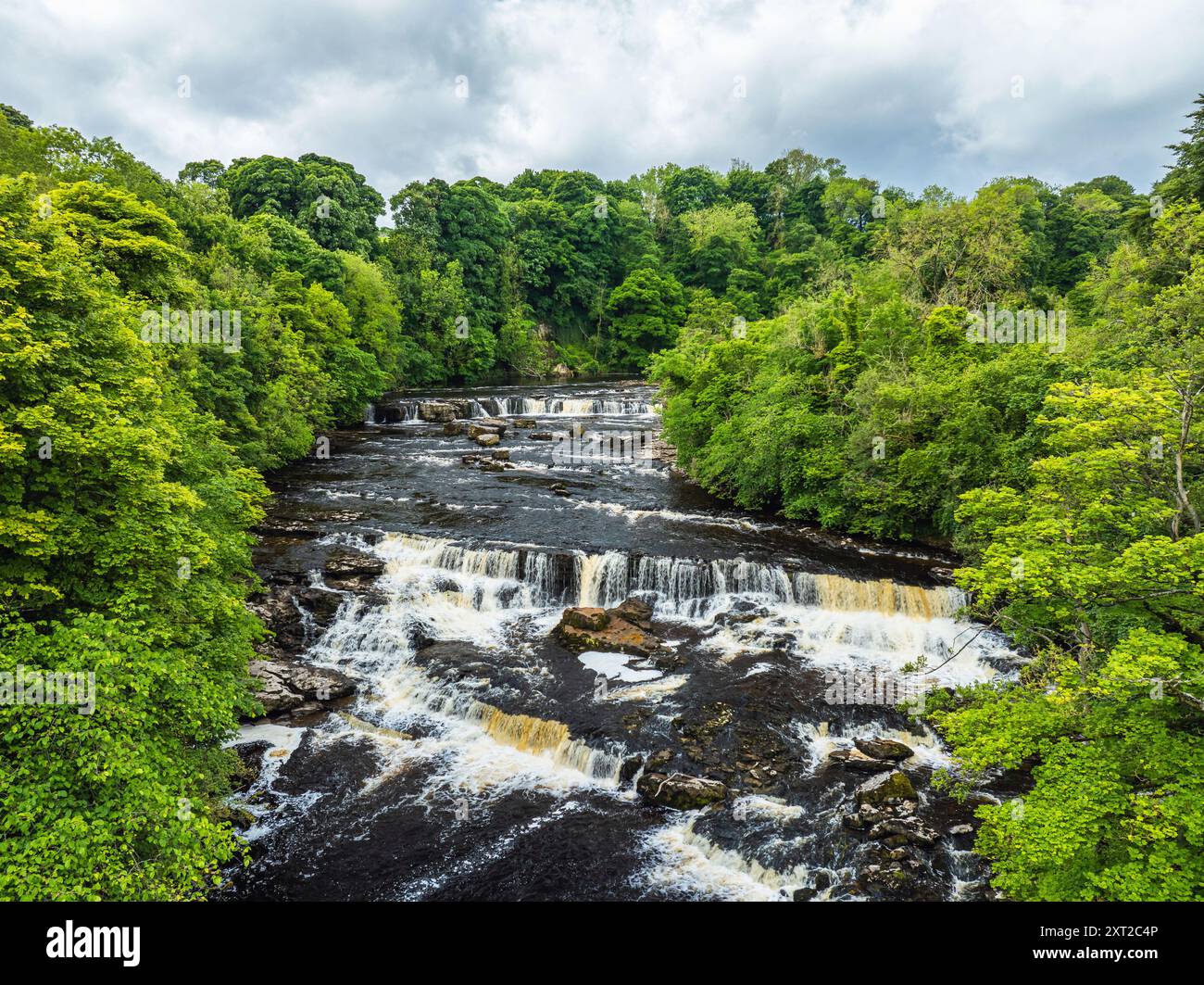 Aysgarth Falls on River Ure from a drone, Yorkshire Dales National Park, North Yorkshire, England Stock Photo