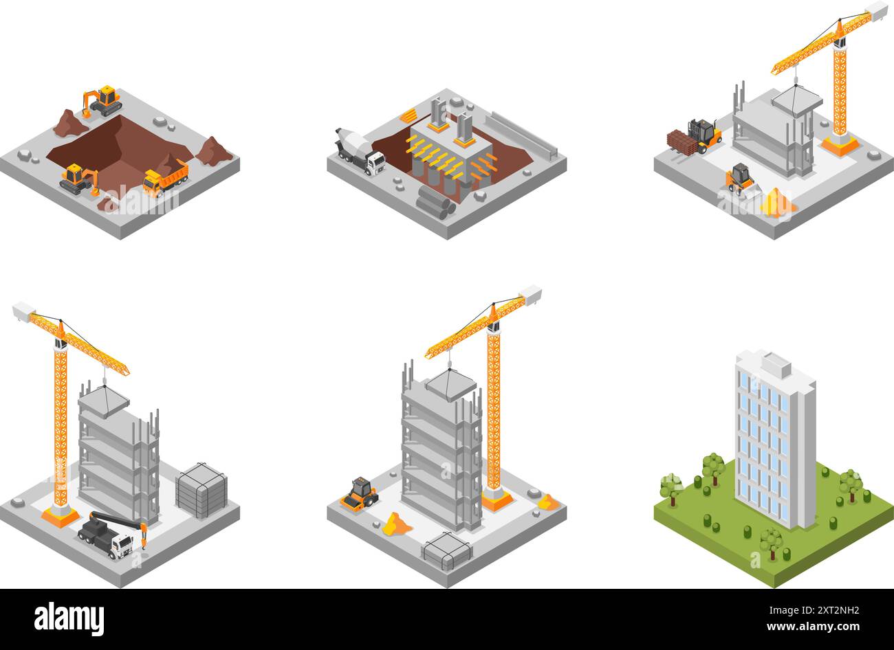 Isometric building process. Special machineries construction modern apartment build or skyscraper step by step. 3d flawless vector scenes Stock Vector