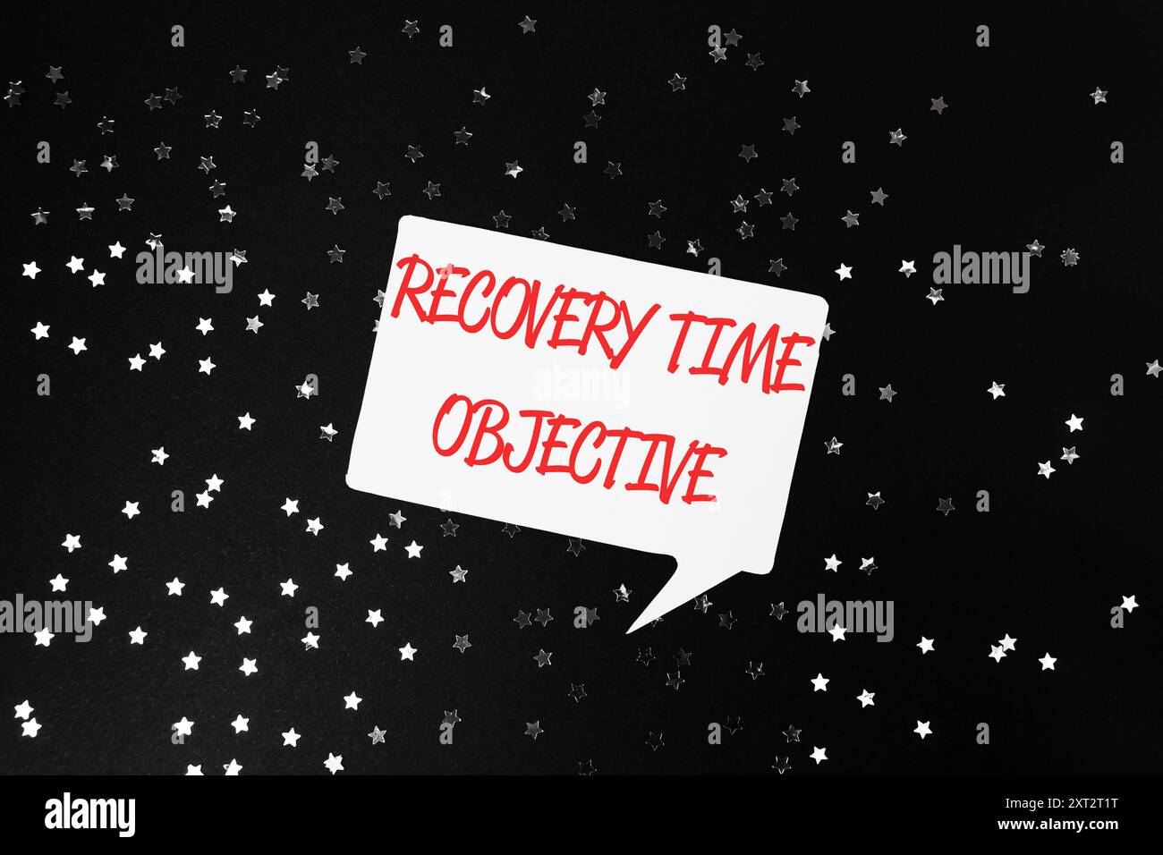 A starry background with a red and white sign that says Recovery Time Objective. The sign is in the middle of the background and is surrounded by star Stock Photo